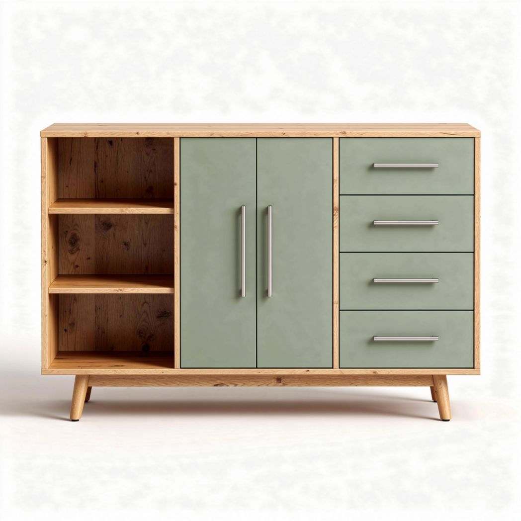 Buffet en bois avec portes vertes et tiroirs en métal 160 x 40 x 85cm