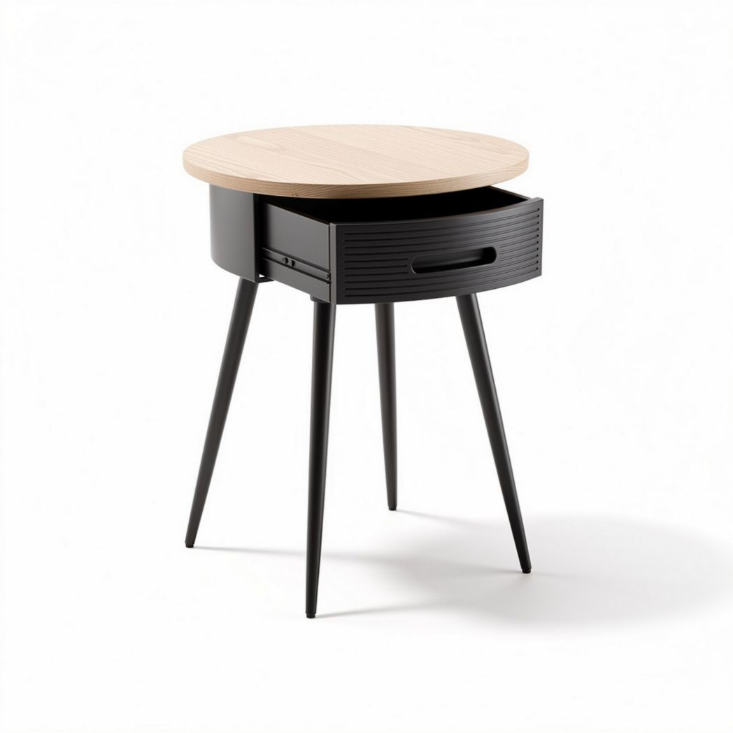 Table d'appoint ronde en bois naturel et métal noir avec tiroir 40 x 40 x 50cm