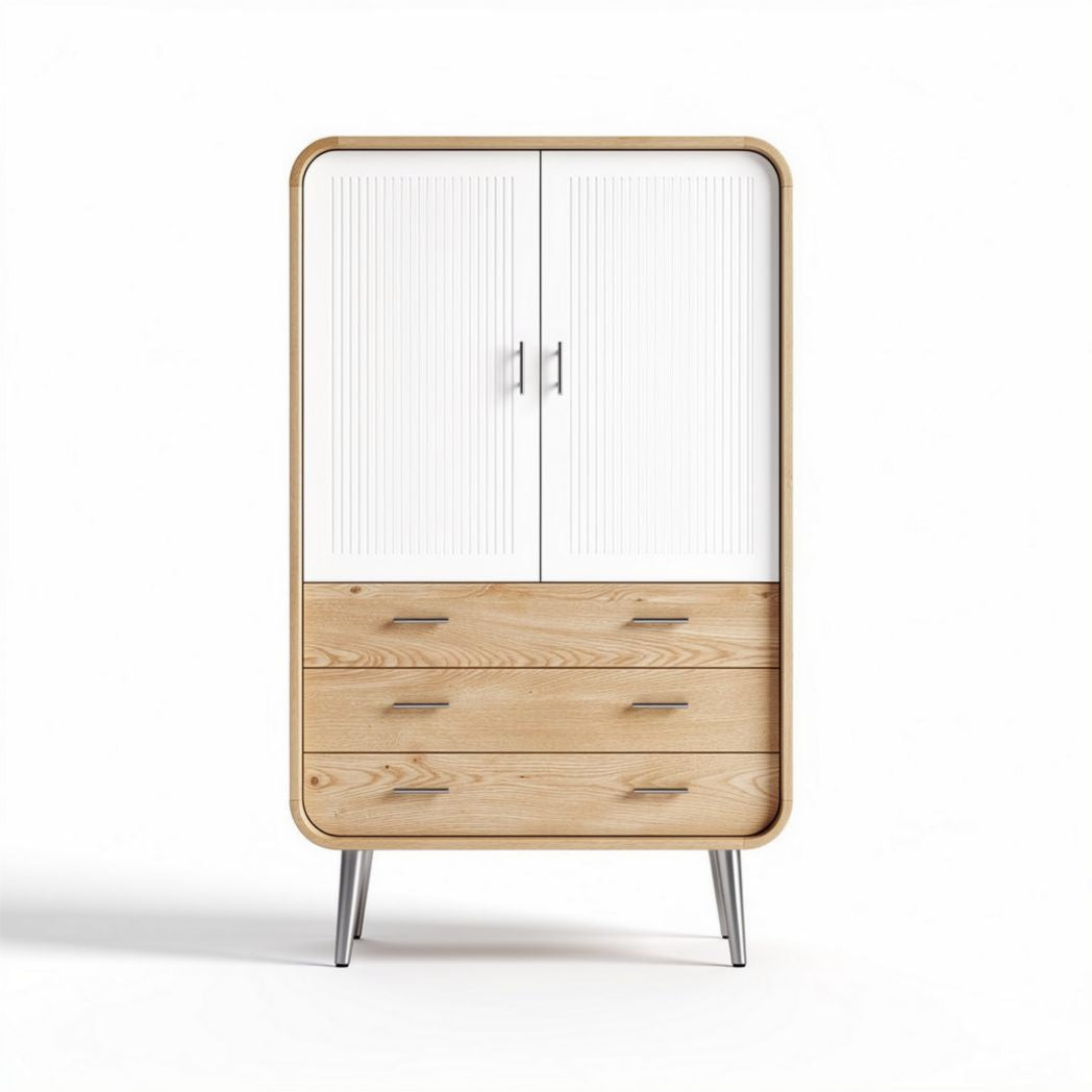 Armoire en bois avec portes blanches et tiroirs en chêne 80 x 45 x 120cm