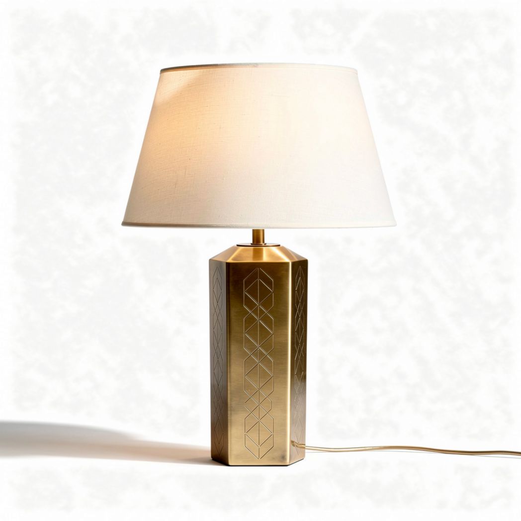 Lampe de table géométrique en métal doré avec abat-jour en tissu blanc 30 x 30 x 45cm