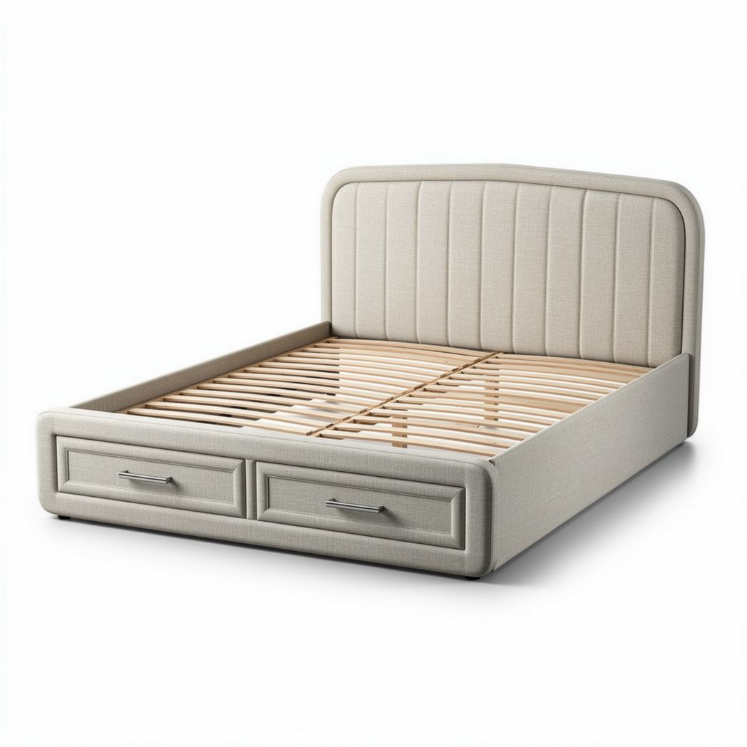 Lit en tissu beige avec rangement 200 x 160 x 30 cm cadre en bois à lattes