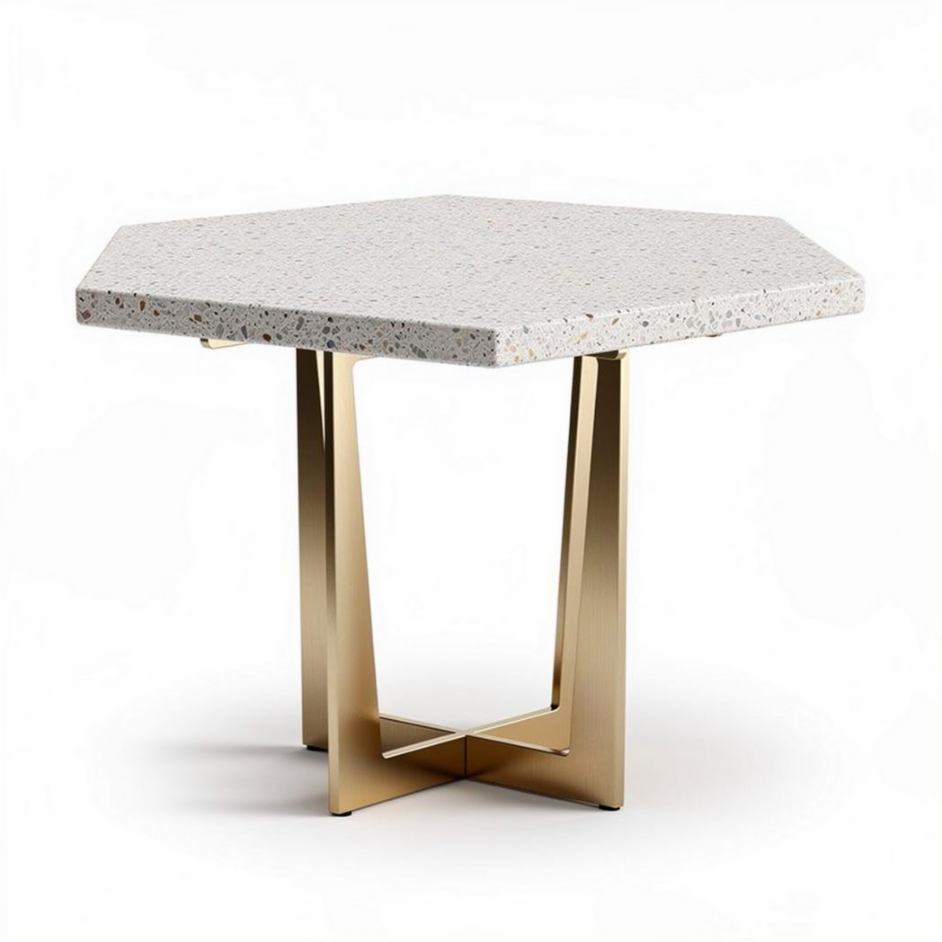 Table hexagonale en terrazzo blanc avec piètement en métal doré 60 x 60 x 45cm