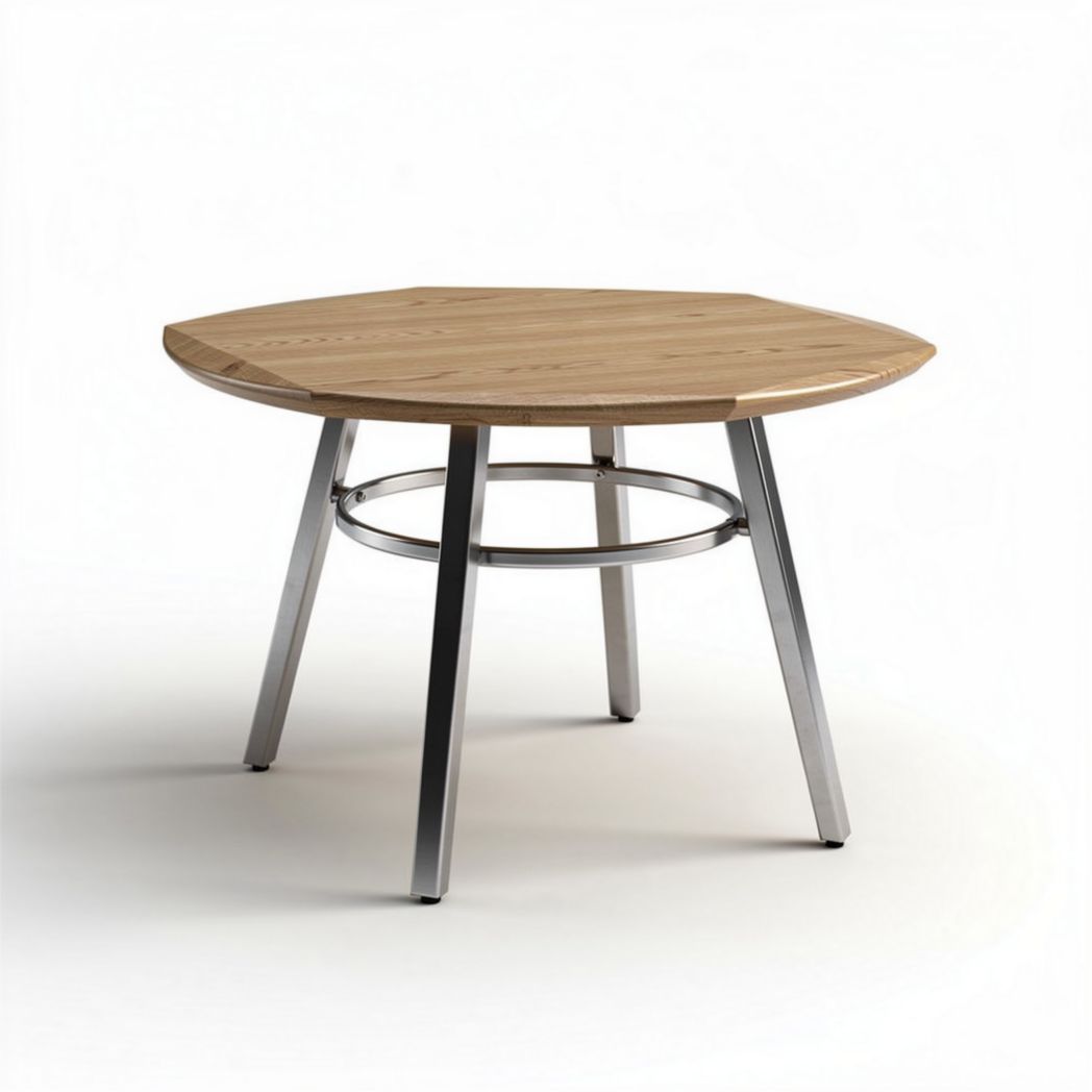 Table octogonale en bois naturel avec pied en acier inoxydable 100 x 100 x 75cm